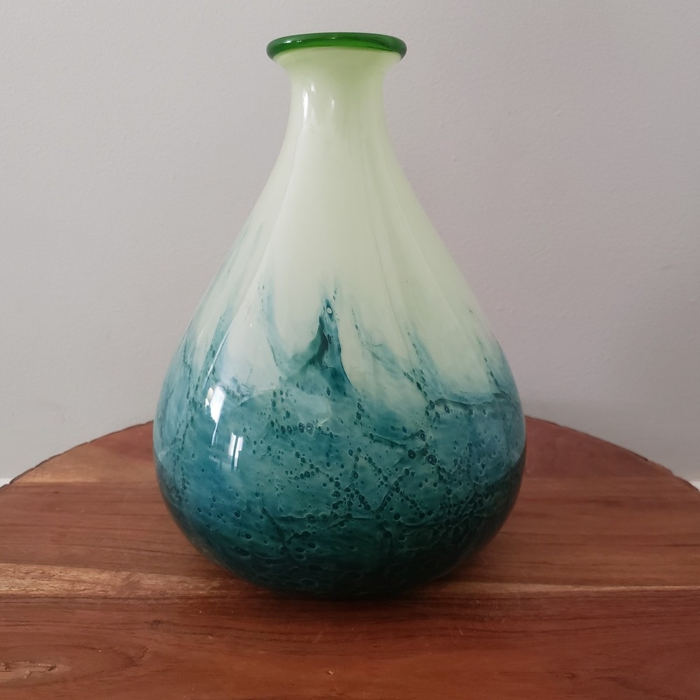 Art Glass Vase Coastal Ocean Beachy Decor 9.75" Green Teal Ivory